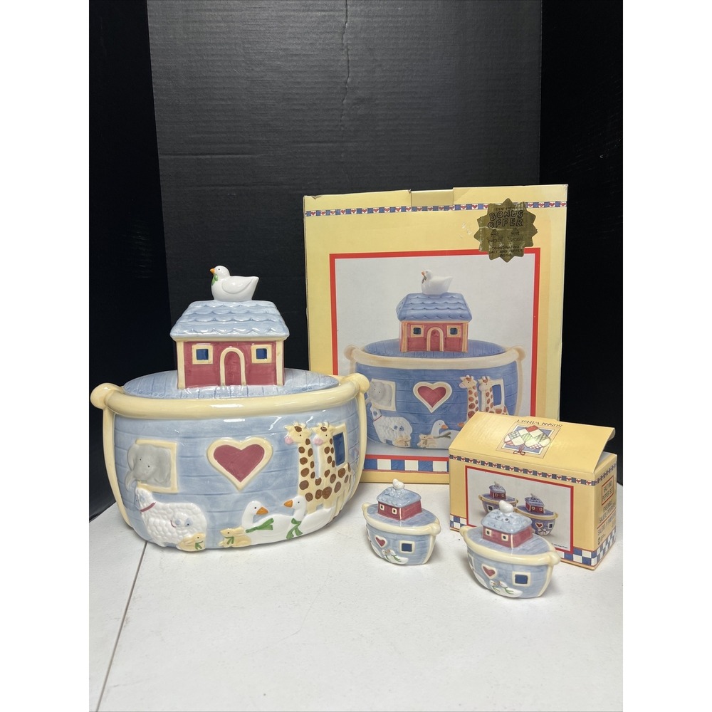 1993 Susan Wright Noah's Ark Large Ceramic Cookie Jar With Matching Shakers